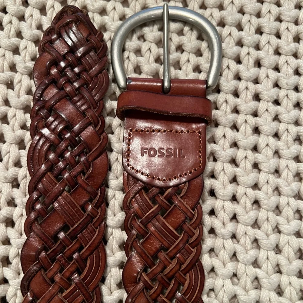 Braided Woven Brown Leather Fossil Belt Sz Sm